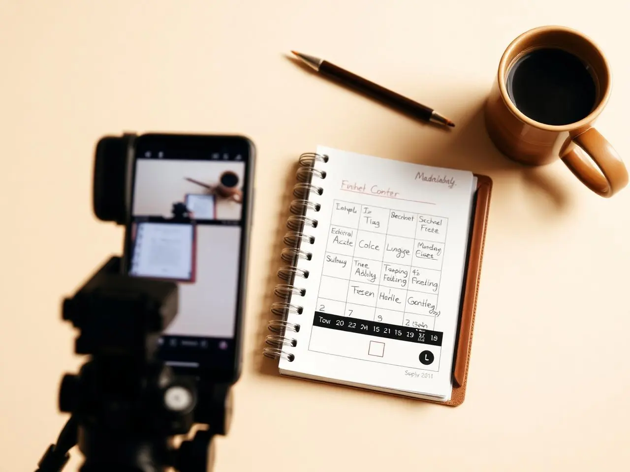 Celular em tripé e caderno com calendário editorial de conteúdo