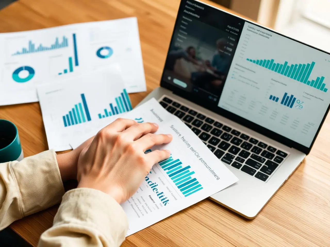 Relatórios de vendas e dashboards de e-commerce sobre uma mesa de trabalho