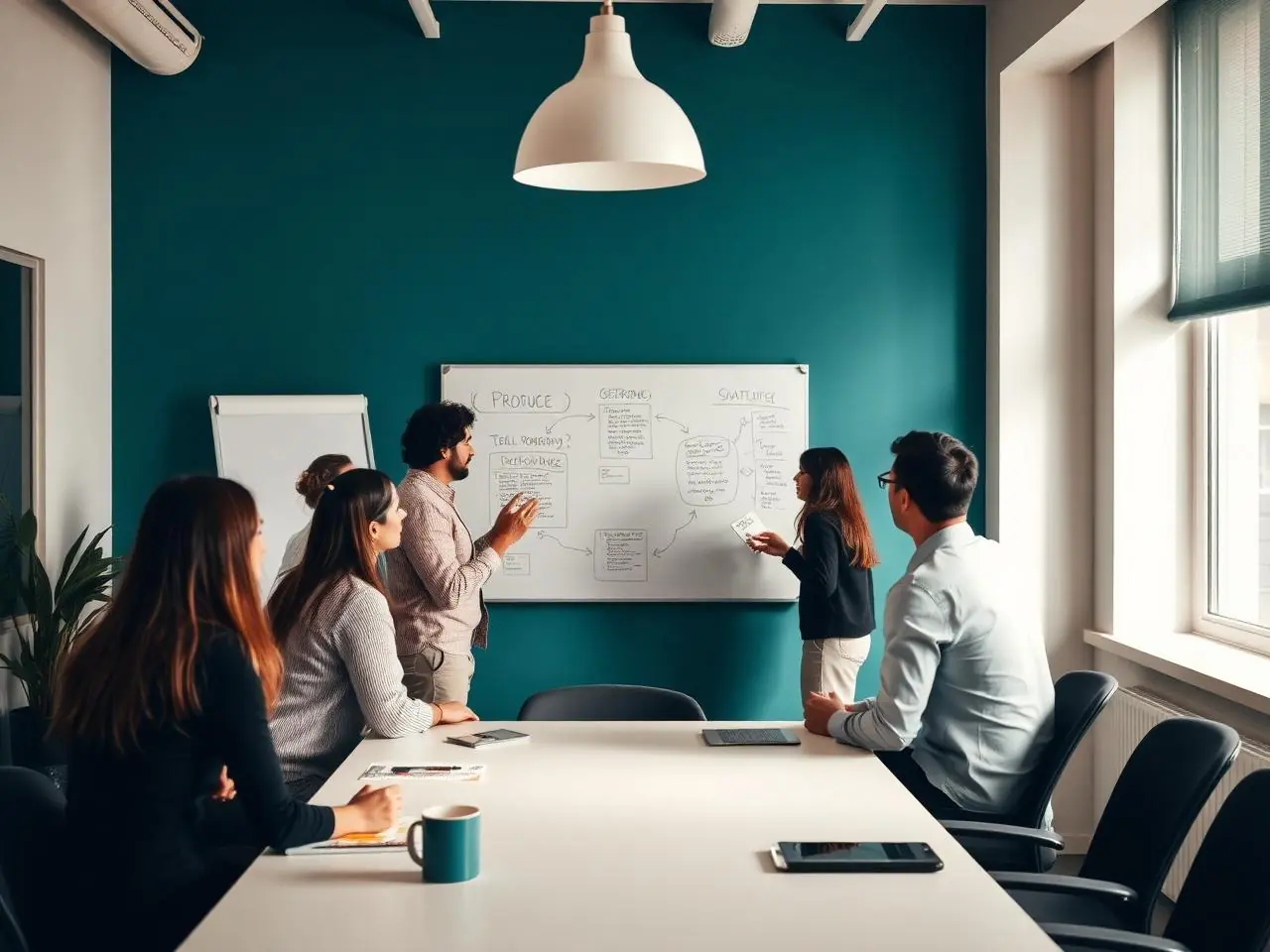 Equipe de marketing em reunião diante de um quadro com processos